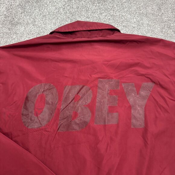 Obey Worldwide Coach Snap Button Up Windbreaker Jacket Mens XL Red Lined Outdoor - Picture 3 of 15